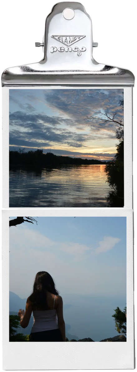 Two polaroids held by a silver clip: a sunset over a lake, and Pavni looking out over the water